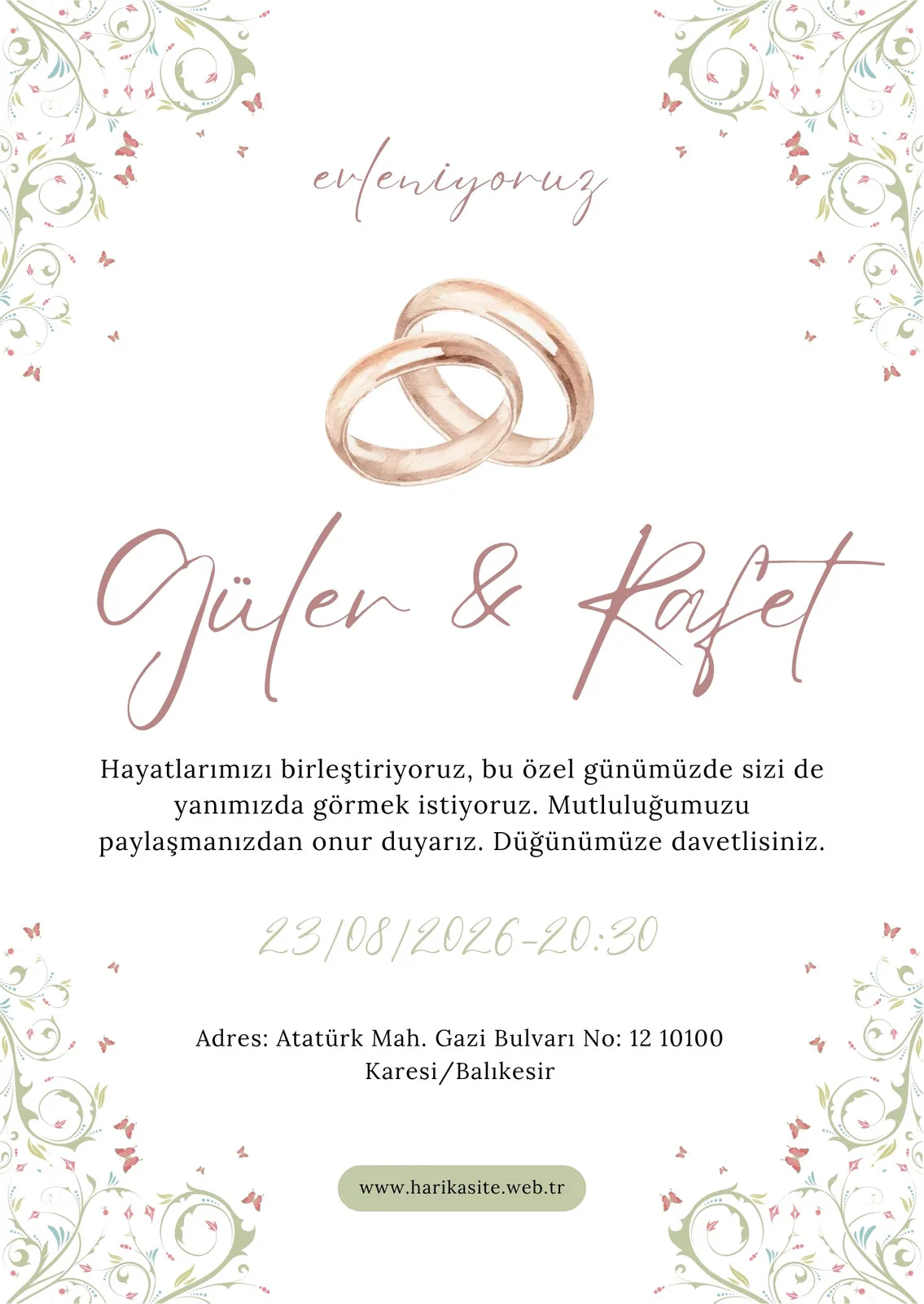 Model 352 — düğün ve nişan davetiyesi